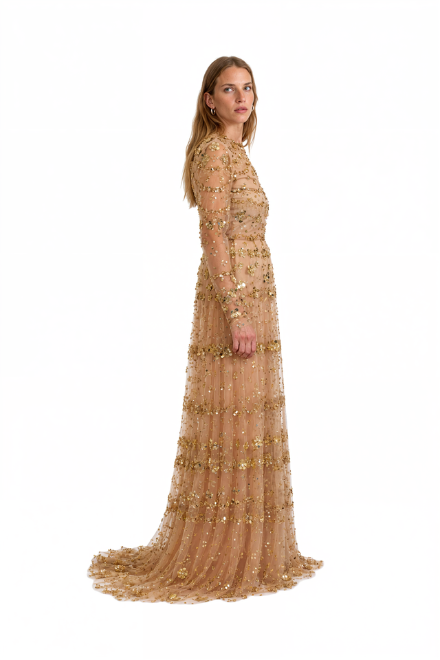 Valentino gold sequin and crystal embellished tulle gown