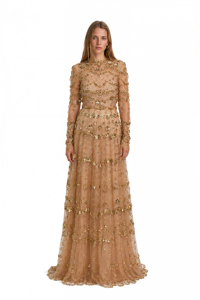 Valentino gold sequin and crystal embellished tulle gown