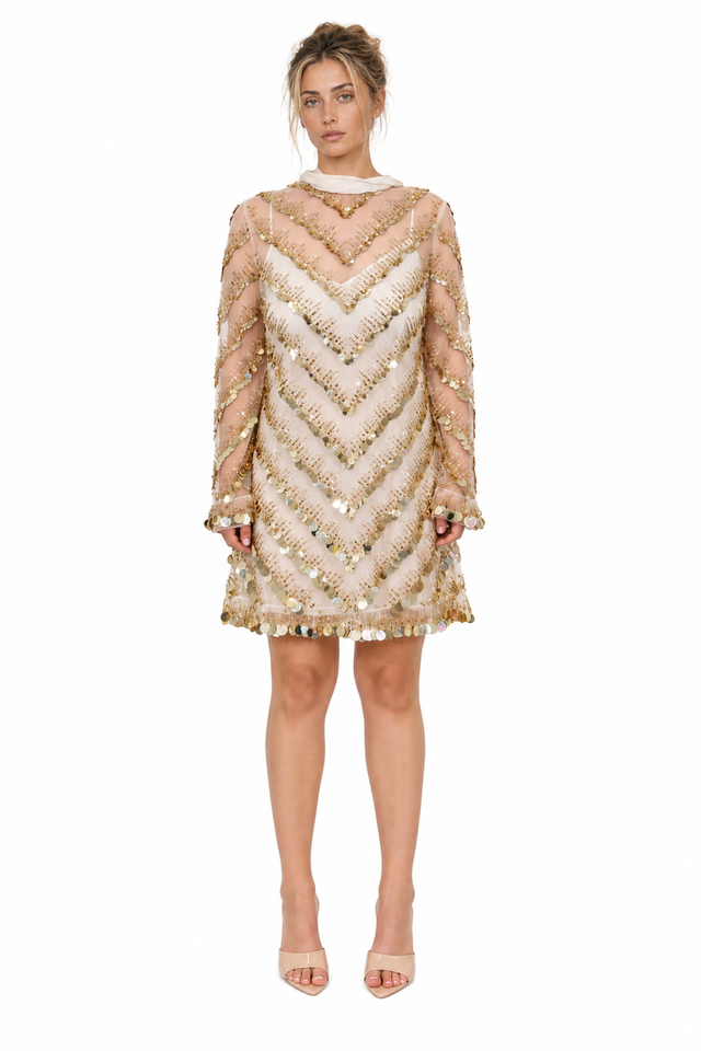 Valentino Sequin-Embellished Chevron Tie-Neck Mini Dress