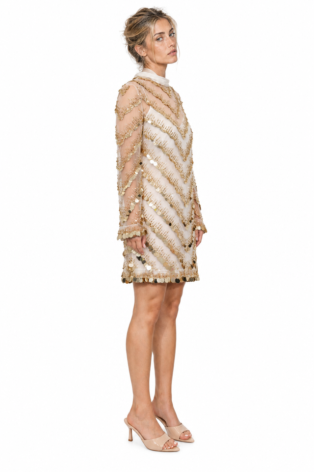 Valentino Sequin-Embellished Chevron Tie-Neck Mini Dress