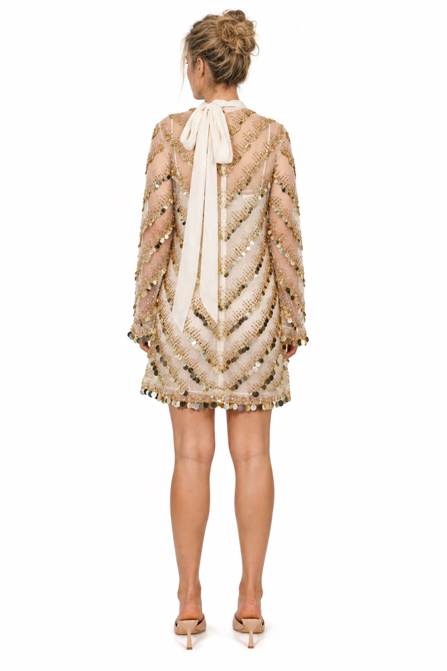 Valentino Sequin-Embellished Chevron Tie-Neck Mini Dress