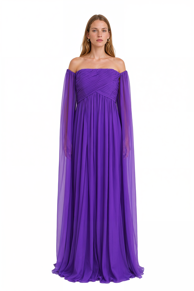 Valentino violet chiffon gown with pleated bodice and sheer cape sleeves – front view