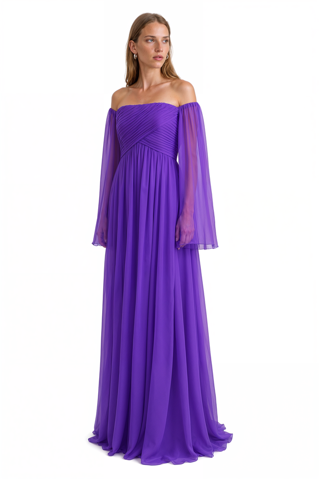 Side view of a Valentino purple chiffon gown with full-length cape sleeves