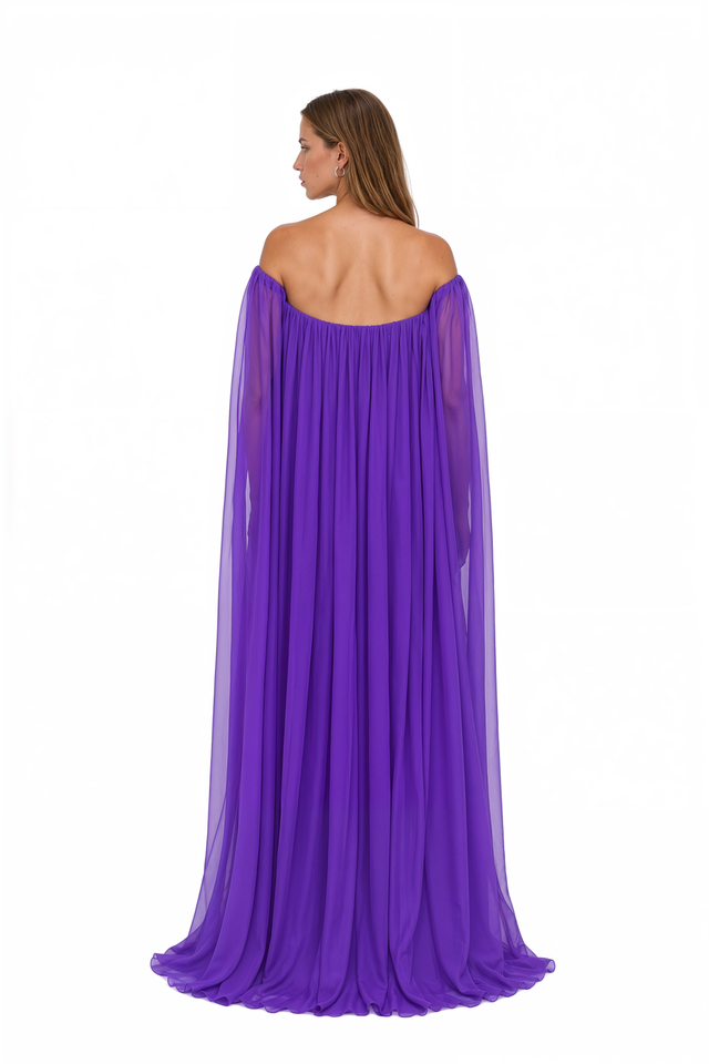 Back view of a Valentino purple empire-waist chiffon gown