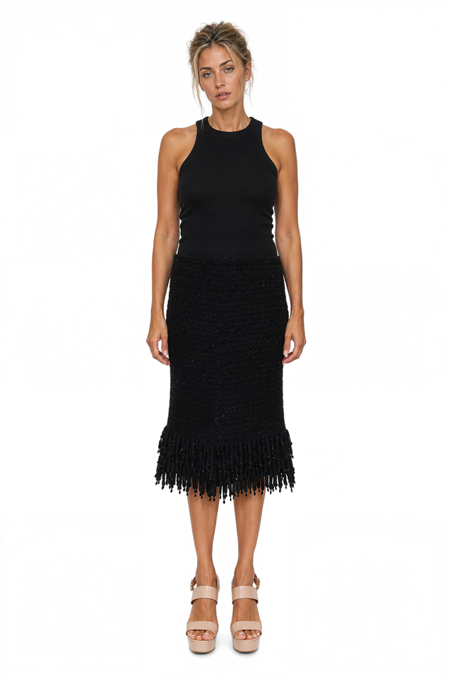 Valentino Black Tweed Pencil Skirt with Beaded Fringe Hem