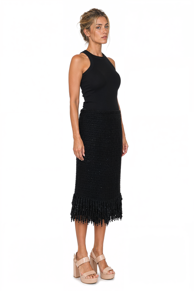 Valentino Black Tweed Pencil Skirt with Beaded Fringe Hem