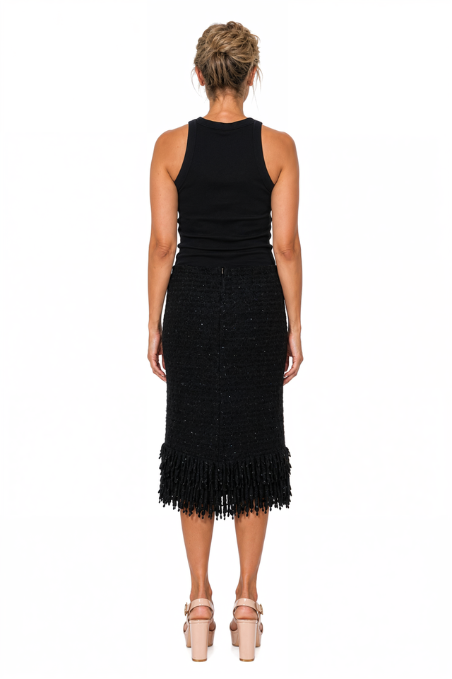 Valentino Black Tweed Pencil Skirt with Beaded Fringe Hem