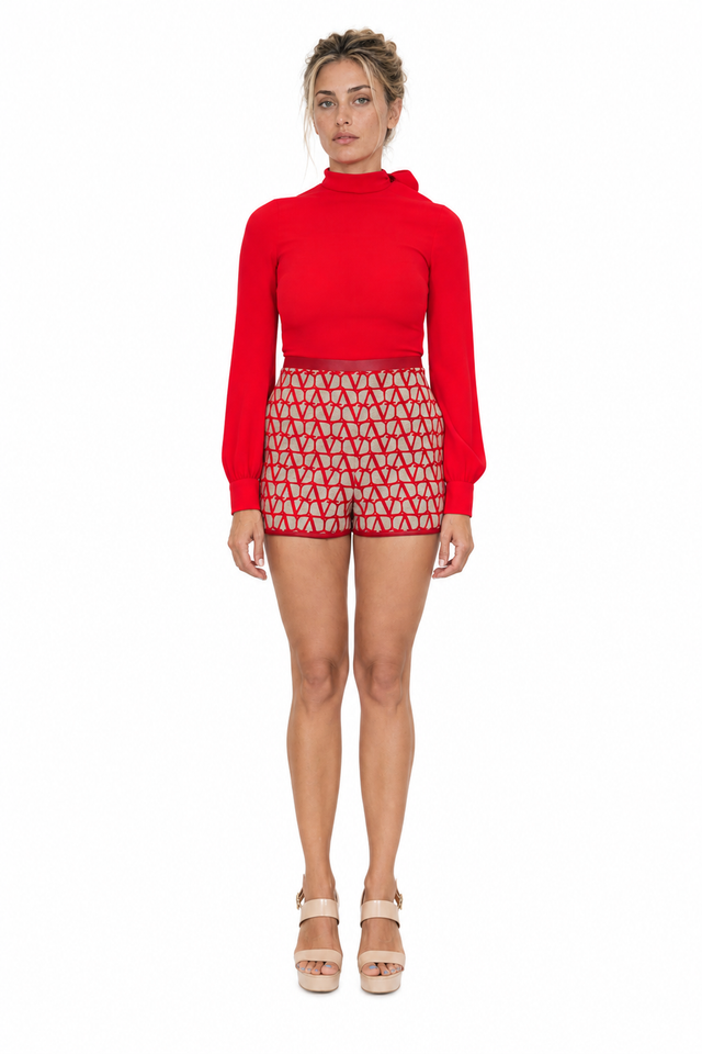 Valentino Toile Iconographe Mock-Neck Romper in Red & Beige