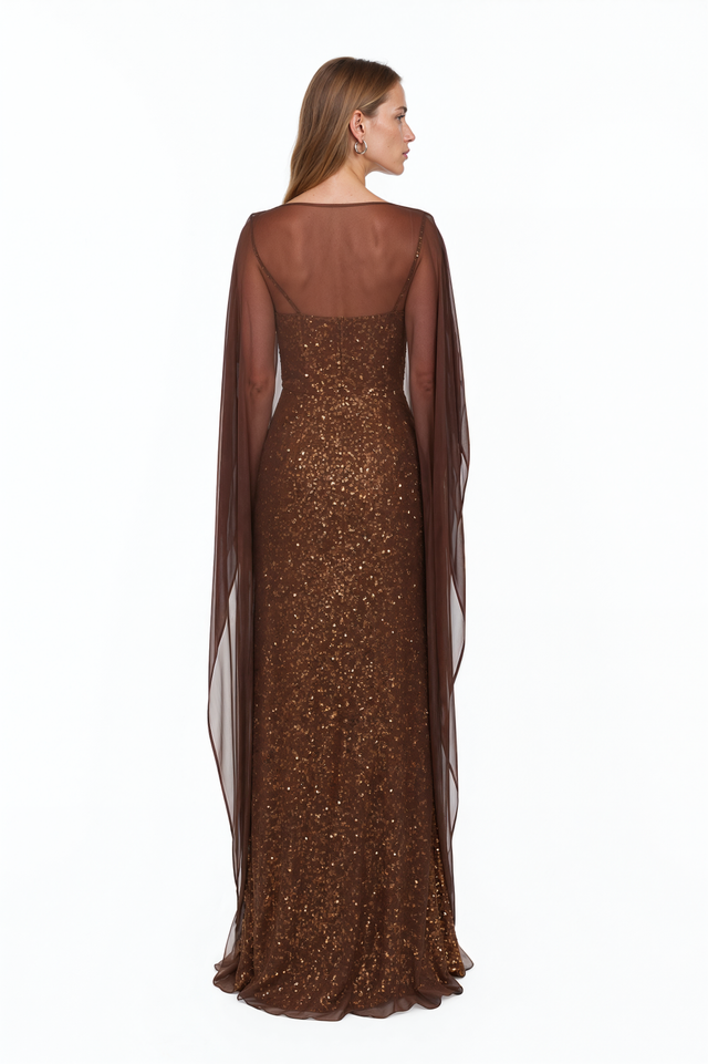 Back view of a Valentino brown sequin column gown with cape sleeves