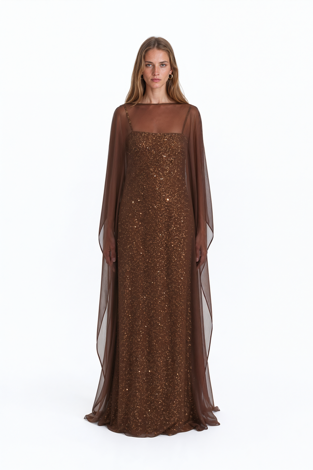 Valentino brown sequin column gown with sheer chiffon yoke and long cape sleeves – front view