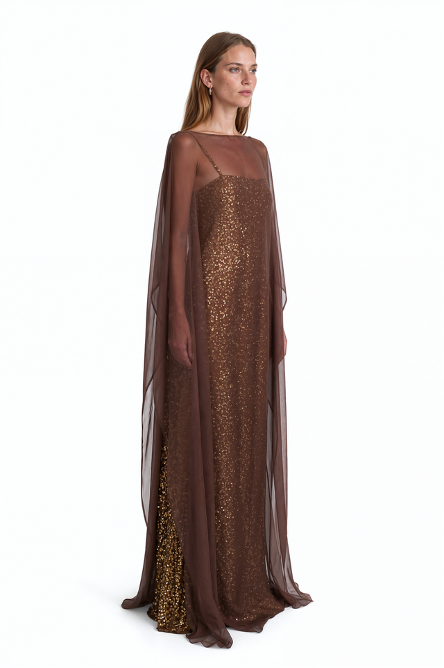 Side view of a Valentino brown sequin gown showing the draped cape sleeves