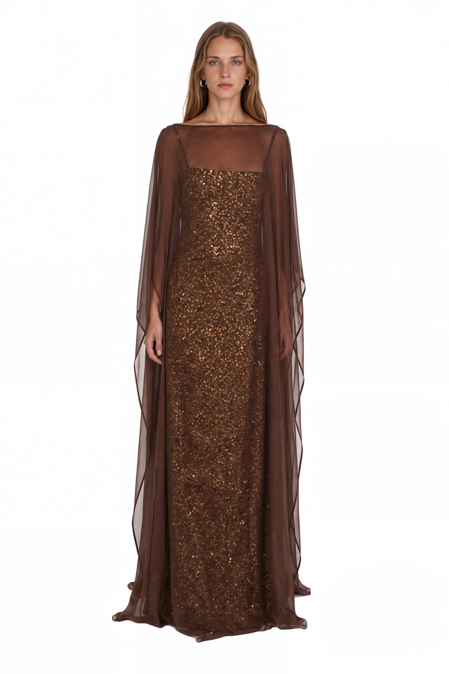 Valentino Sequin Cape Sleeve Gown – Brown Column Maxi Dress