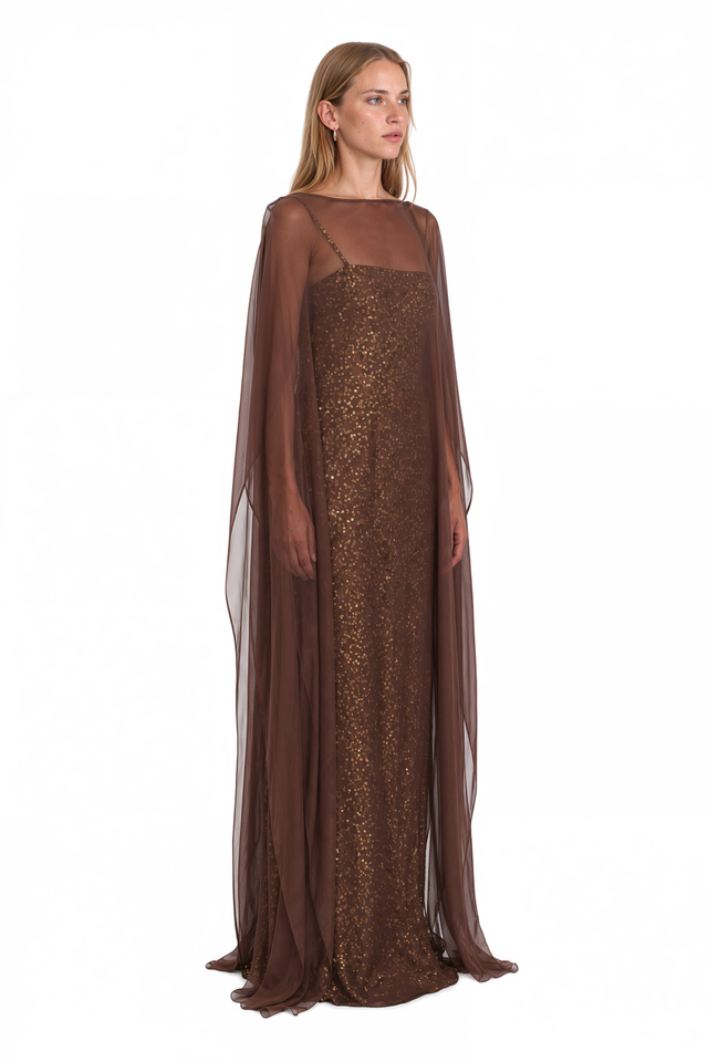 Valentino Sequin Cape Sleeve Gown – Brown Column Maxi Dress