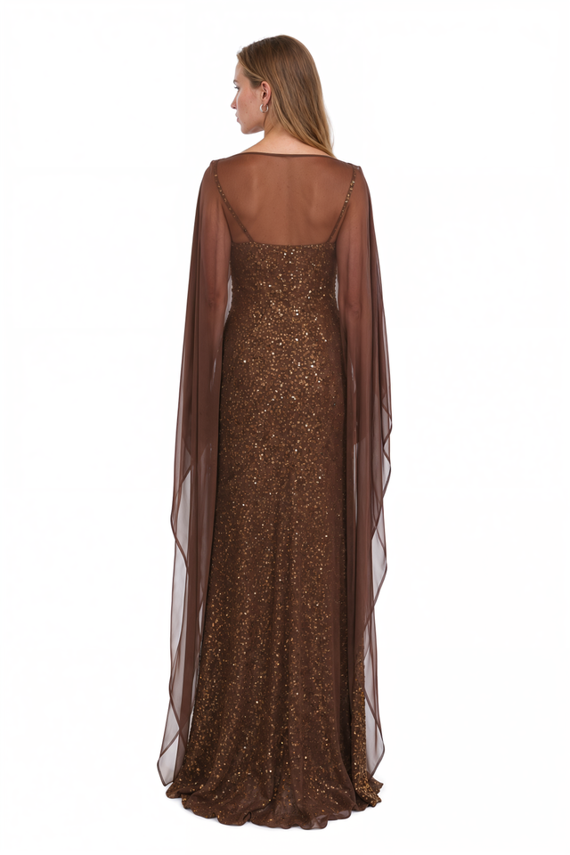 Valentino Sequin Cape Sleeve Gown – Brown Column Maxi Dress
