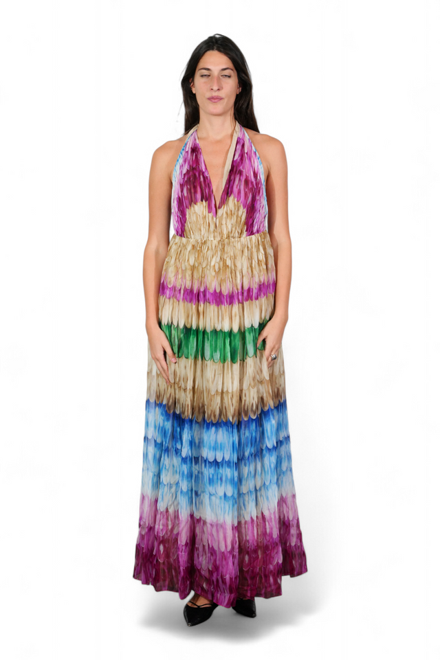 Valentino Multicolor Feather Print Silk Gown