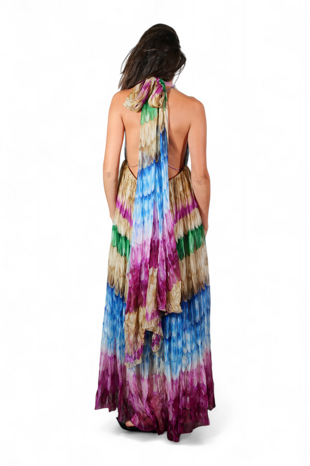 Valentino Multicolor Feather Print Silk Gown