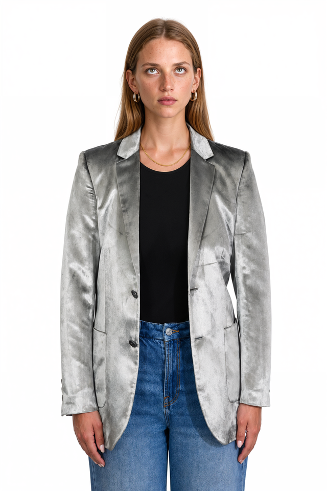 Valentino Velvet Single-Breasted Blazer in silver-grey velvet with notch lapels