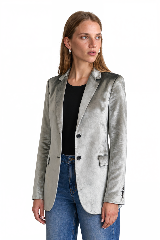 Valentino Velvet Single-Breasted Blazer in silver-grey velvet with notch lapels