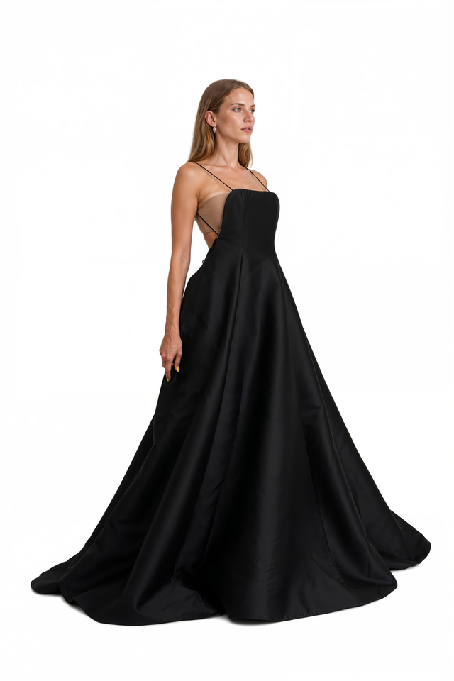 Valentino black silk cady open-back ballgown with train