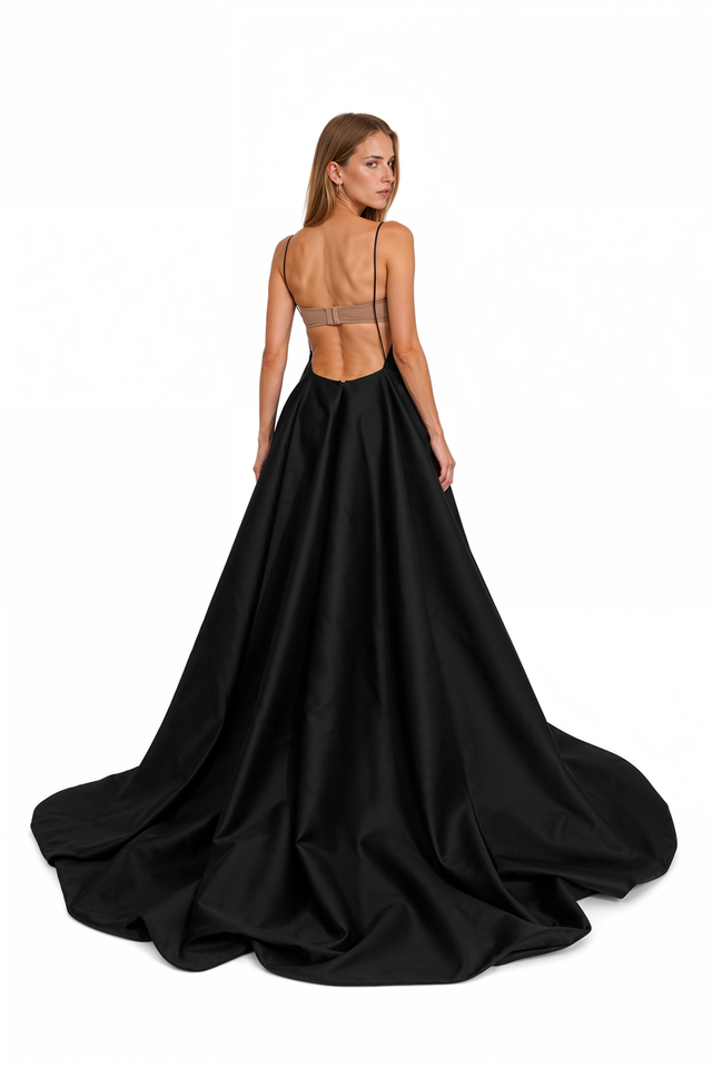 Valentino black silk cady open-back ballgown with train