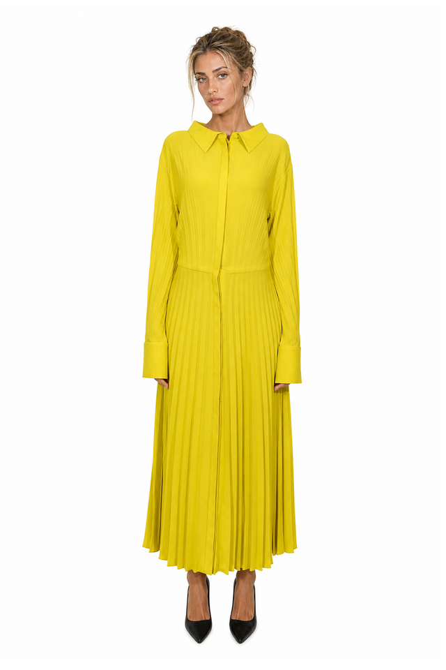 Valentino Pleated Silk Georgette Shirt Maxi Dress in Chartreuse Yellow