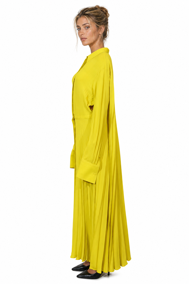 Valentino Pleated Silk Georgette Shirt Maxi Dress in Chartreuse Yellow