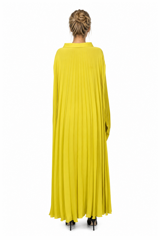 Valentino Pleated Silk Georgette Shirt Maxi Dress in Chartreuse Yellow