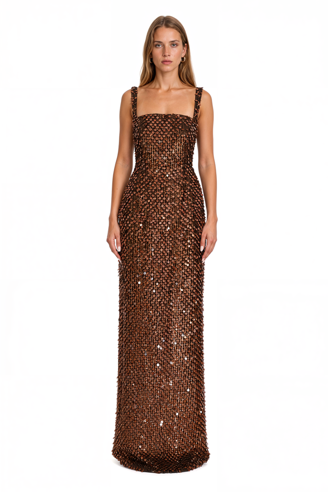 Valentino Paillette Embellished Column Gown – Brown Square Neck Maxi Dress