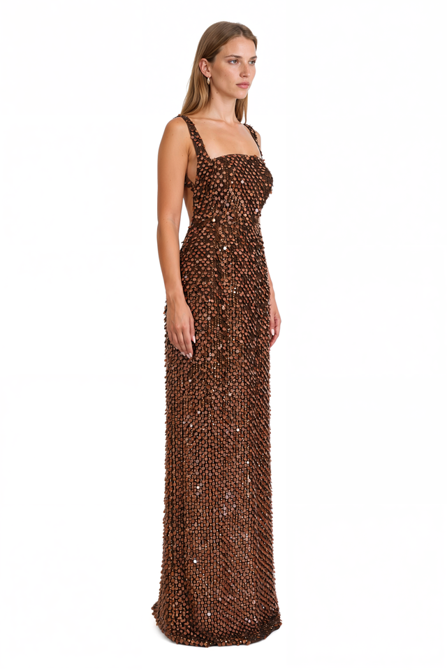 Valentino Paillette Embellished Column Gown – Brown Square Neck Maxi Dress