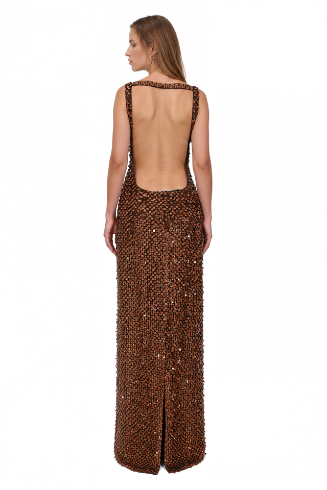 Valentino Paillette Embellished Column Gown – Brown Square Neck Maxi Dress