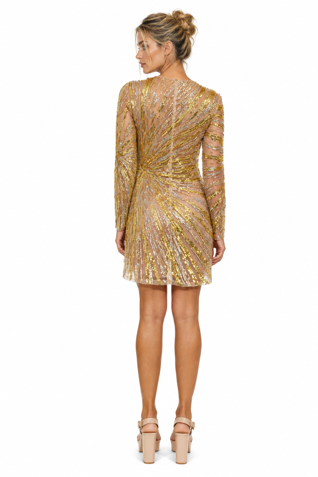Valentino Sunburst Sequined Long-Sleeve Mini Dress