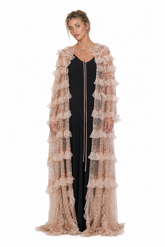 Valentino sequin-embellished tiered ruffle tulle evening cape in blush gold