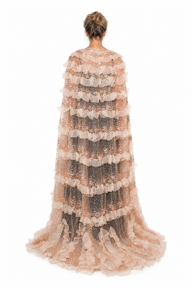 Valentino sequin-embellished tiered ruffle tulle evening cape in blush gold