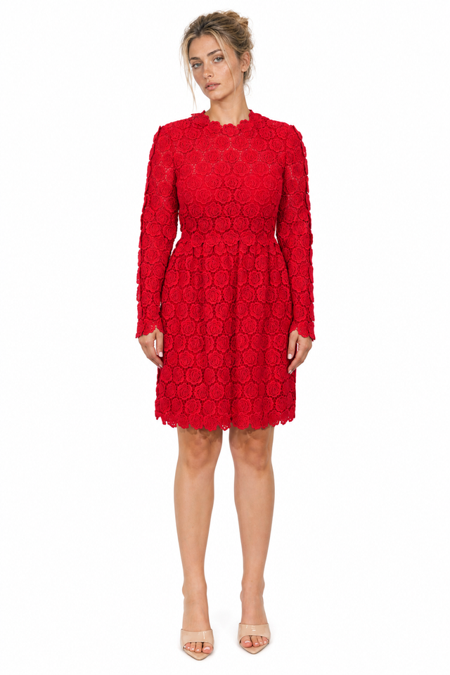 Valentino Heavy Lace Rose Mini Dress in Red