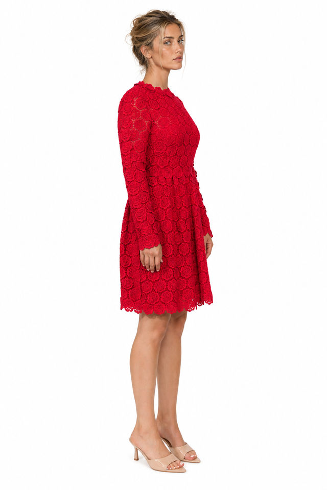 Valentino Heavy Lace Rose Mini Dress in Red