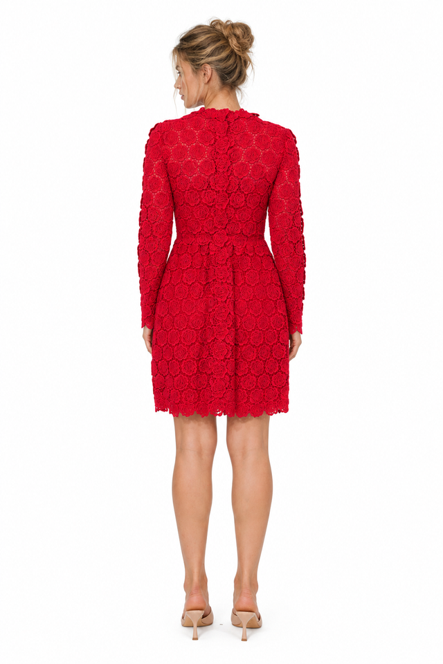 Valentino Heavy Lace Rose Mini Dress in Red