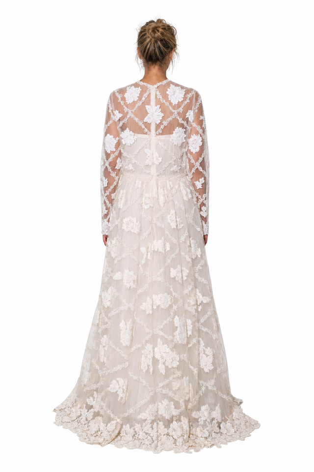 Valentino Women's Floral Embroidered Tulle Long-Sleeve Maxi Gown in Ivory & Cream