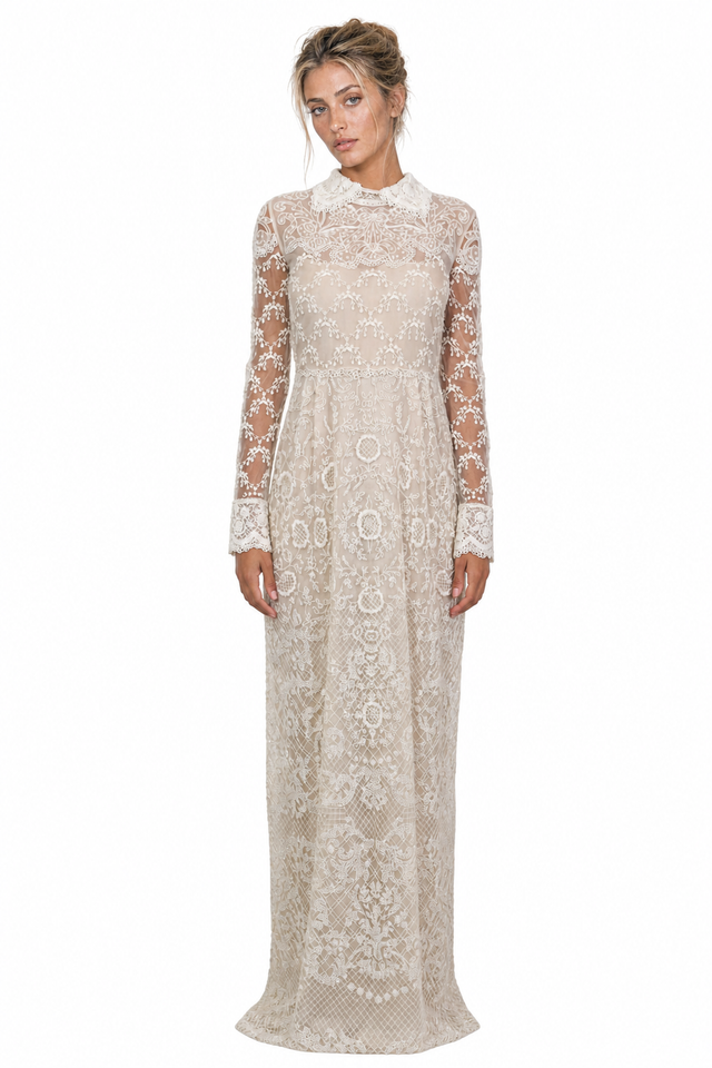 Valentino Collared Guipure Lace Long-Sleeve Evening Gown in Ivory