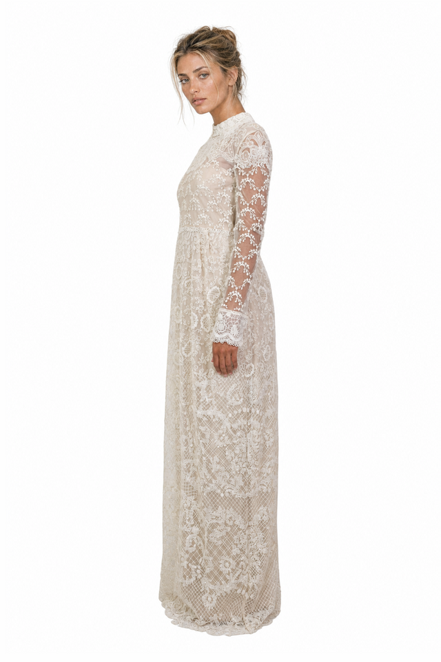 Valentino Collared Guipure Lace Long-Sleeve Evening Gown in Ivory