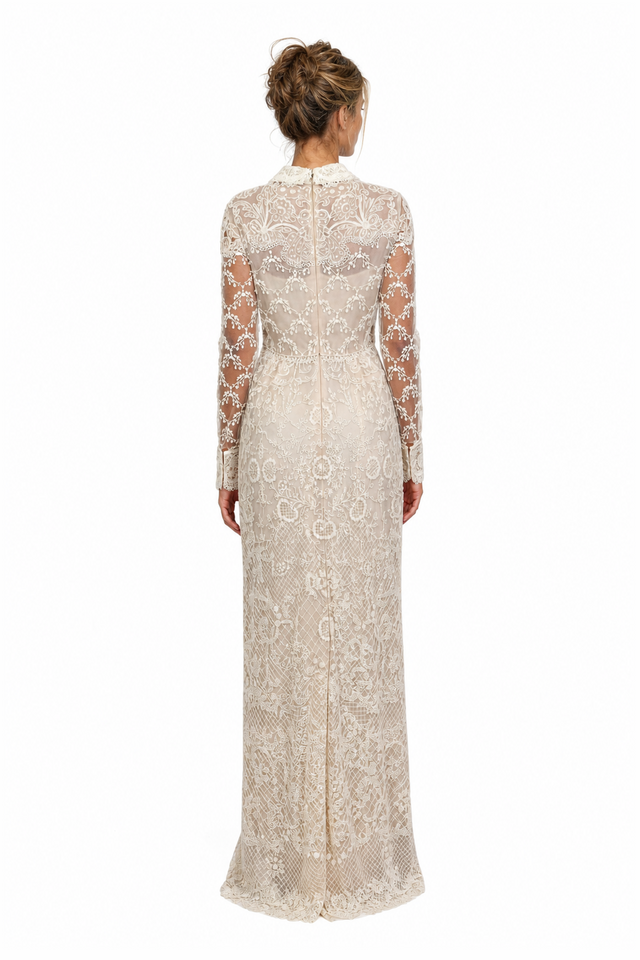 Valentino Collared Guipure Lace Long-Sleeve Evening Gown in Ivory