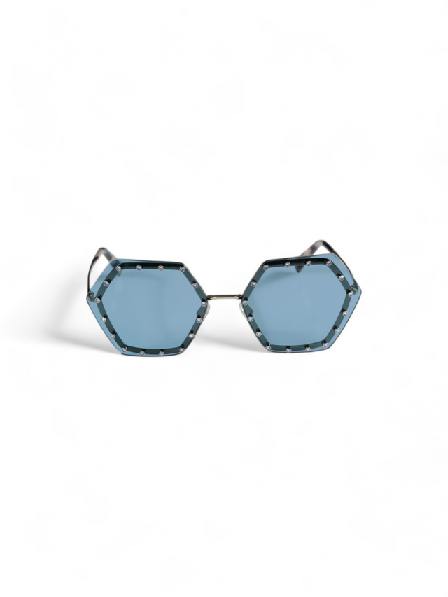 Valentino Garavani Octagonal Studded Sunglasses with Blue Lenses and Tortoiseshell Arms