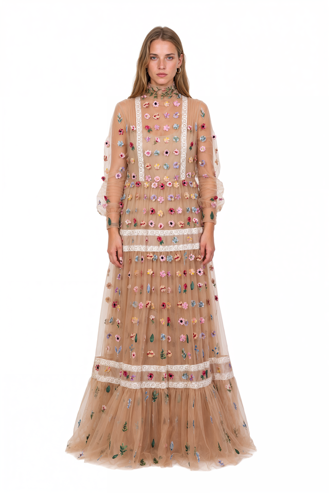 Valentino nude tulle gown with multicolour three-dimensional floral appliqué – front view