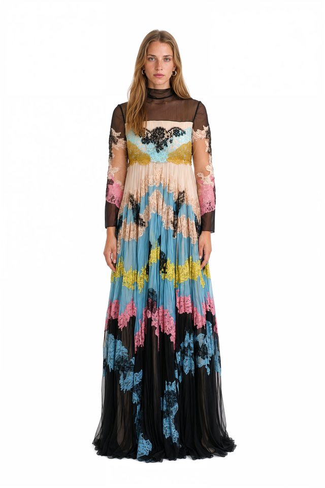 Valentino multicolour lace panel gown with sheer illusion neckline – front view