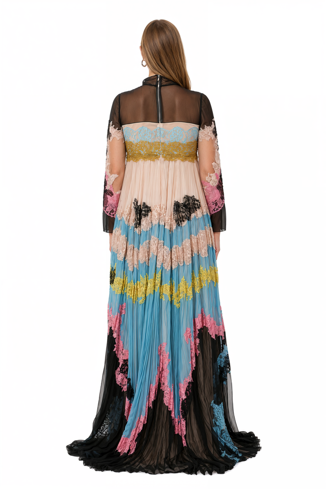 Back view of a Valentino multi-lace sheer panel gown
