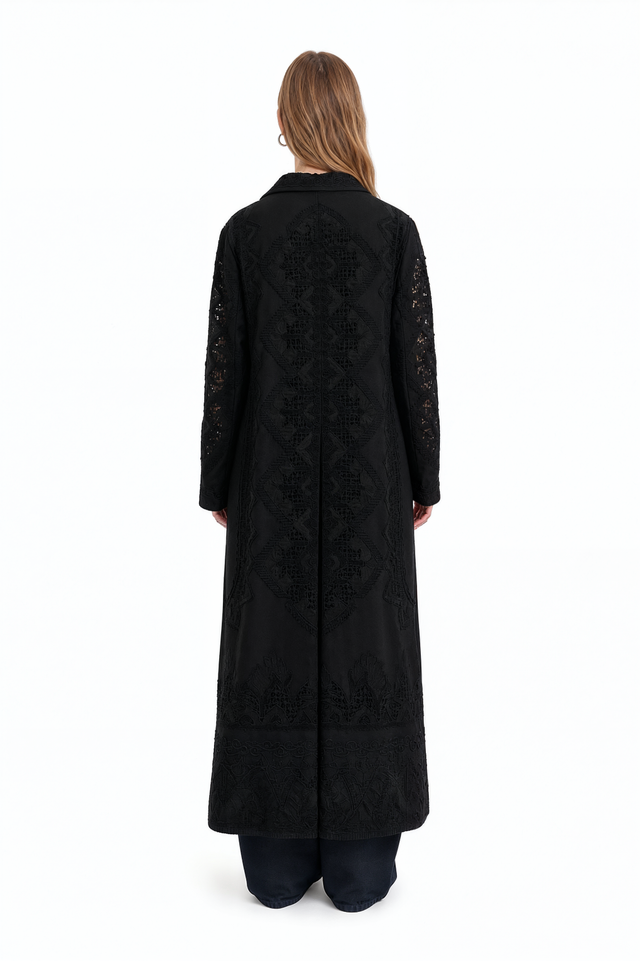 Valentino embroidered black long coat with slim fit and single-button closure