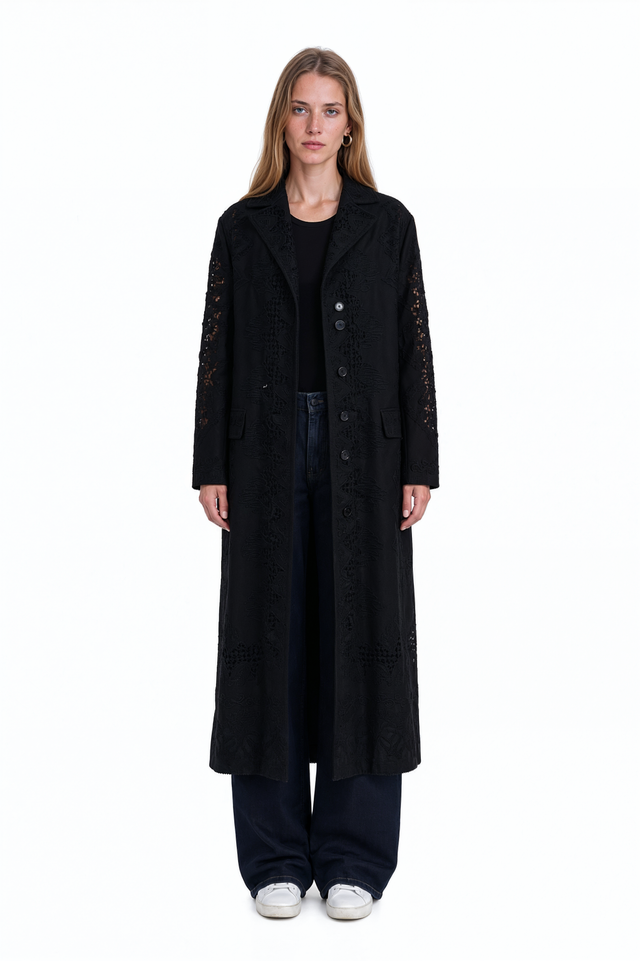 Valentino embroidered black long coat with slim fit and single-button closure