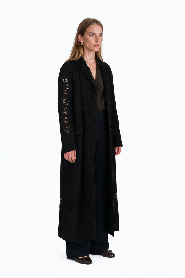 Valentino embroidered black long coat with slim fit and single-button closure