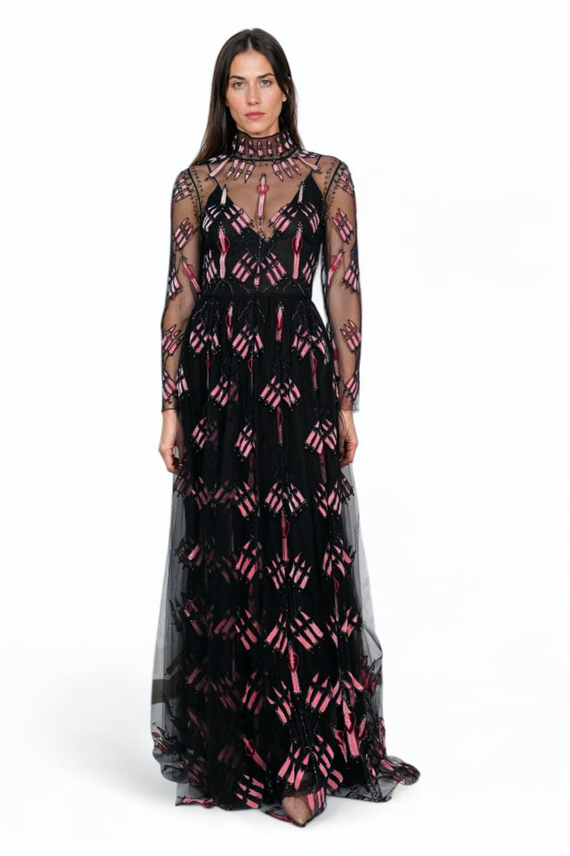 Valentino Black and Pink Embroidered Tulle Gown