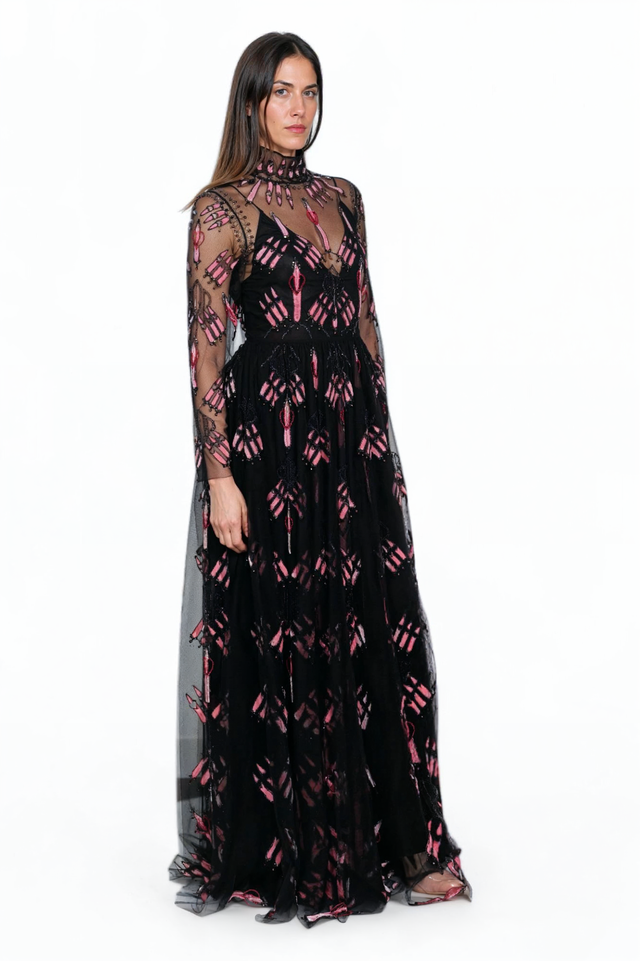 Valentino Black and Pink Embroidered Tulle Gown