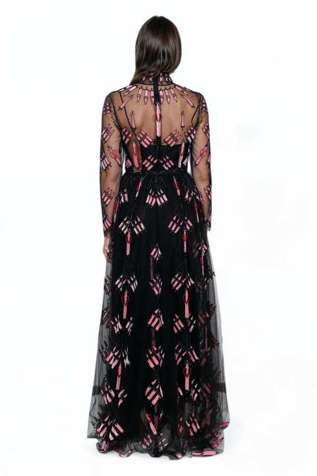 Valentino Black and Pink Embroidered Tulle Gown